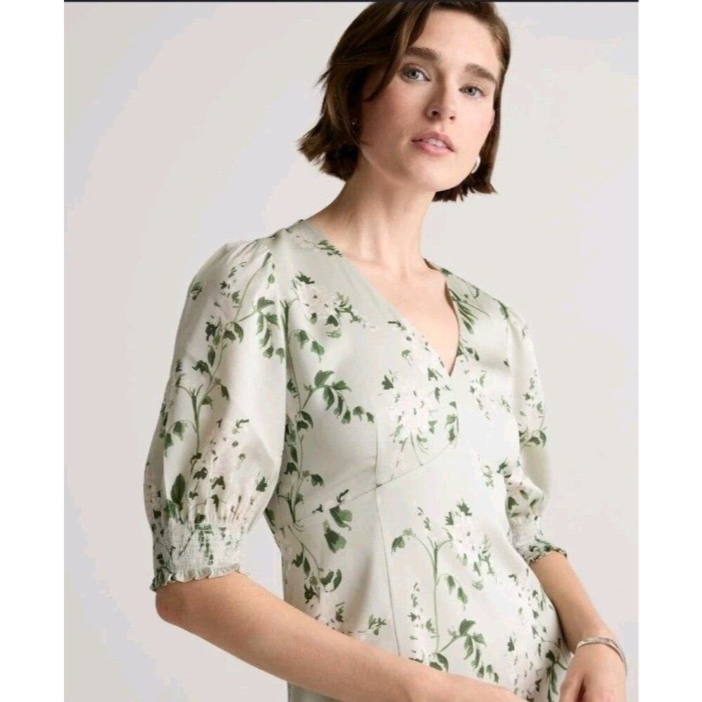 NEW Quince Washable Stretch Silk Puff Sleeve Mini Dress Floral Size XL Green